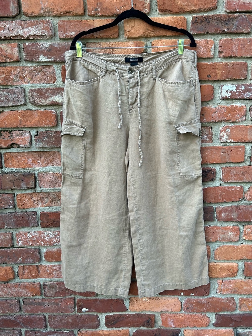 Express Tan 100% Linen Cargo Wide-Leg Pants Womens 13/14 Button Fly Ankle